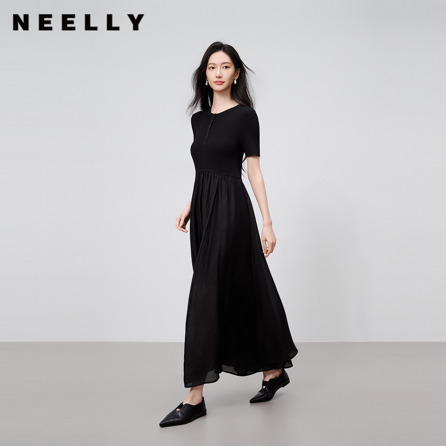 NEELLY纳俪商场同款夏新款气质通勤假两件连衣裙女修身显瘦A字裙