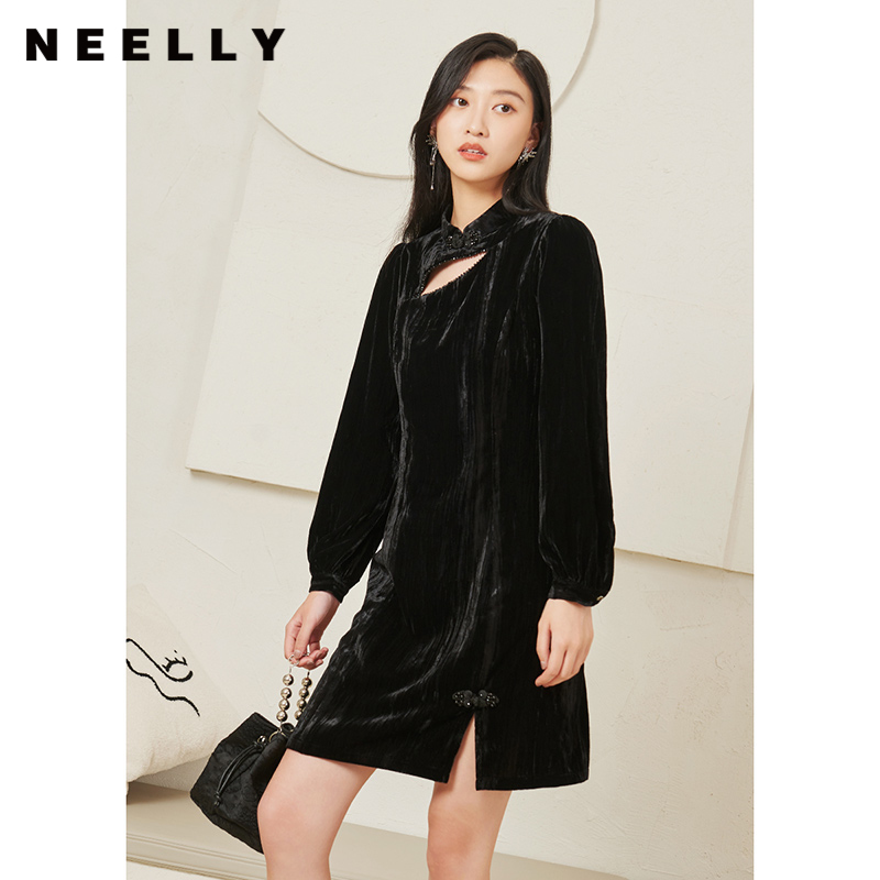 NEELLY纳俪商场同款黑色改良旗袍连衣裙女中式盘扣A字裙春新款