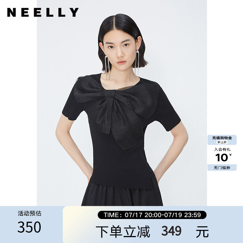 NEELLY纳俪商场同款夏季新款黑色套头针织衫女薄款网纱蝴蝶结上衣