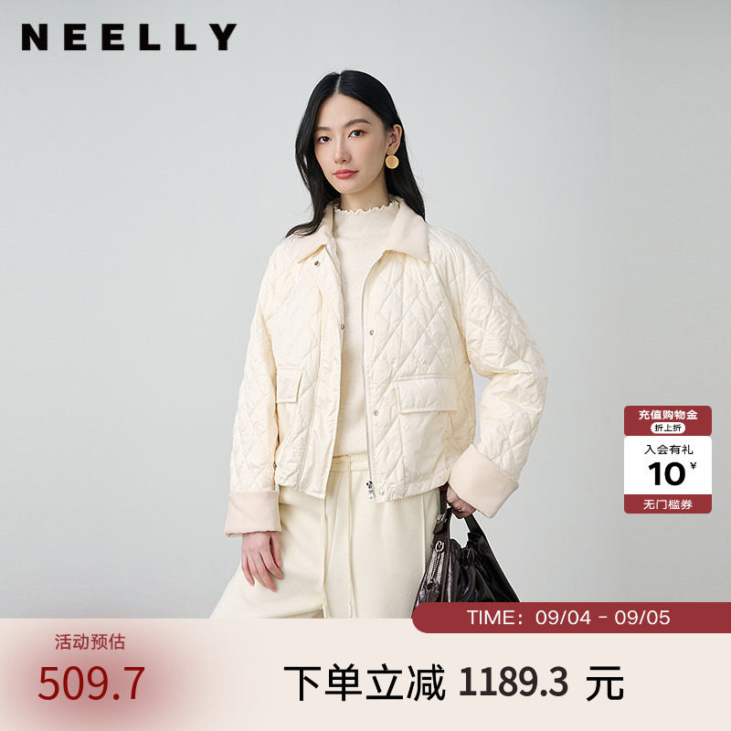 NEELLY纳俪商场同款冬季新款轻薄白鸭绒翻领短款毛领羽绒服外套女
