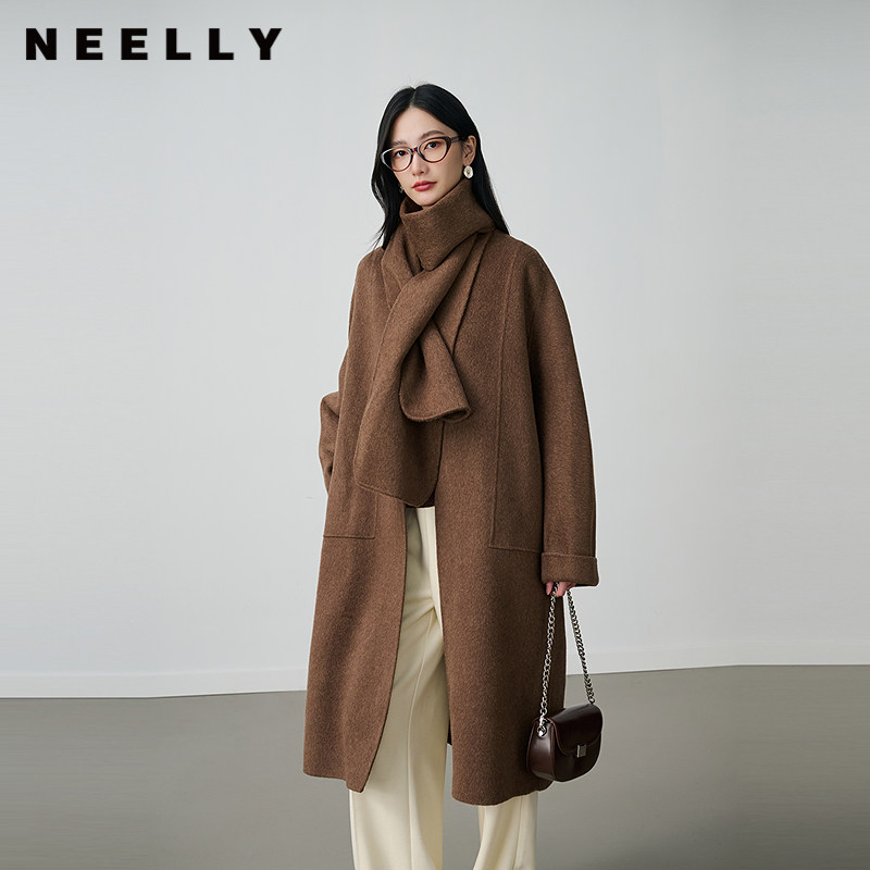 NEELLY纳俪商场同款冬新款时尚围巾毛呢大衣女中长款优雅百搭外套