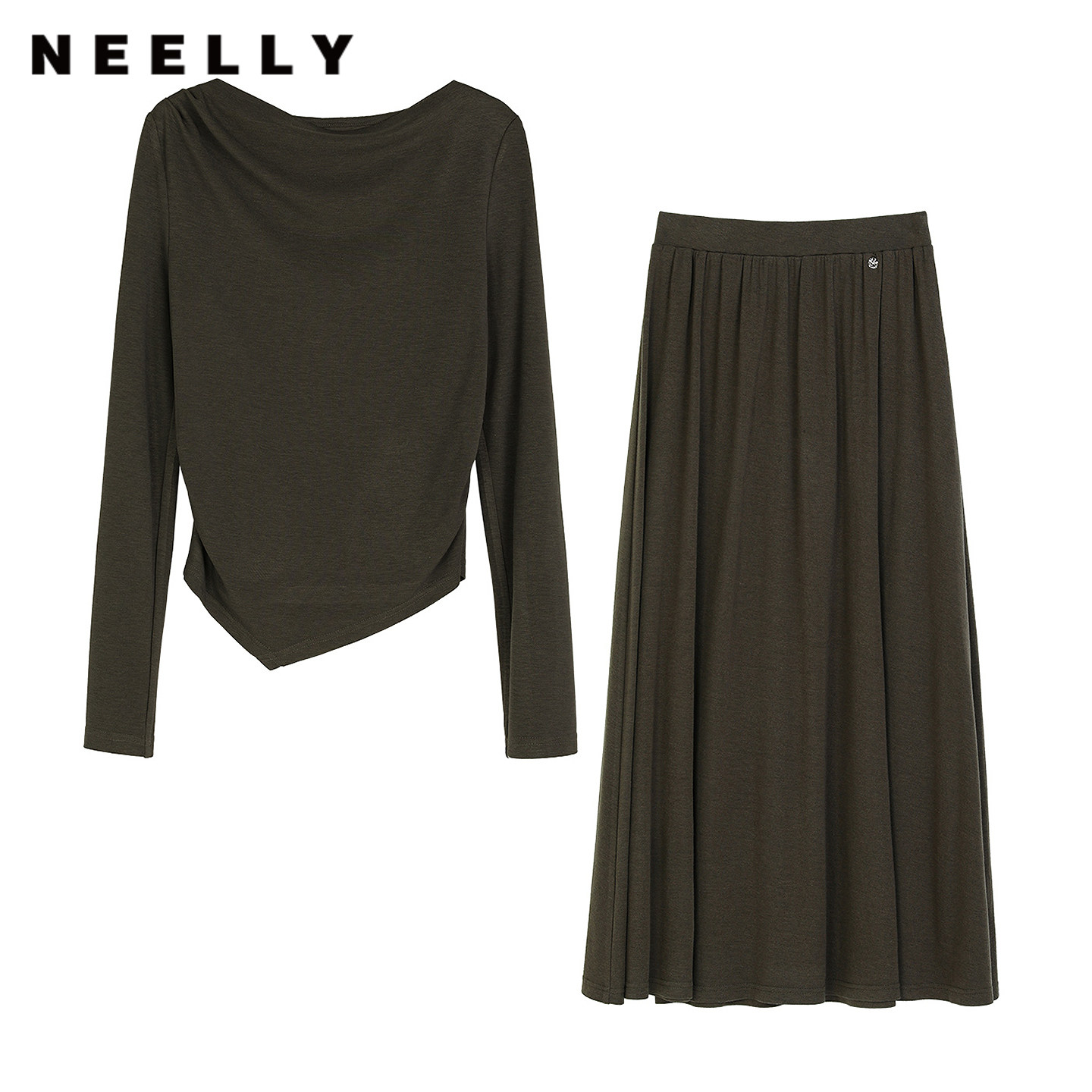 NEELLY纳俪商场同款春新款时尚简约针织套装女柔软长袖半裙两件套
