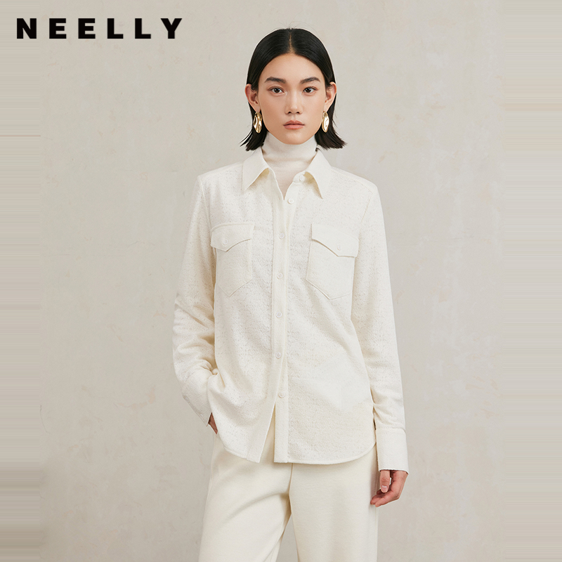 NEELLY纳俪商场同款冬季新款气质通勤简约翻领白色衬衫女百搭衬衣