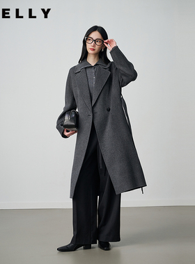 NEELLY纳俪商场同款冬新款复古优雅双面呢灰色大衣女长款羊毛外套