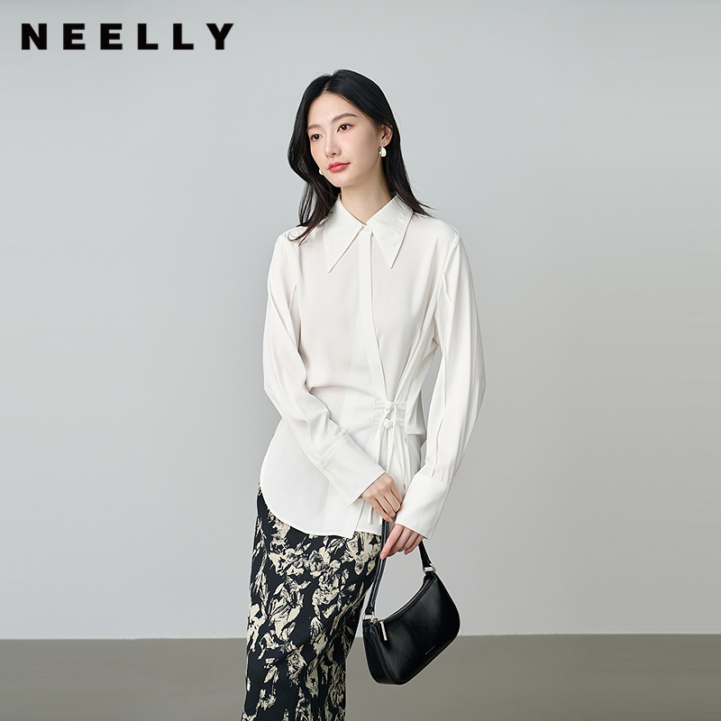 NEELLY纳俪商场同款秋冬新款设计感斜门襟收腰长袖衬衫女显瘦上衣