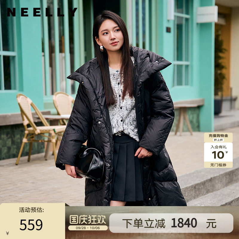 NEELLY纳俪商场同款冬季新款连帽立领中长款羽绒服女时尚简约通勤