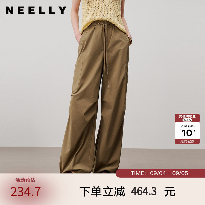 NEELLY纳俪商场同款夏季新款休闲抽绳工装阔腿裤女个性设计感长裤