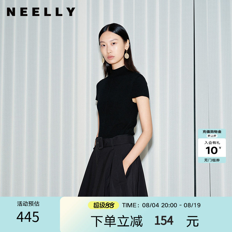 NEELLY纳俪商场同款夏季新款气质半高领短款针织衫女黑色修身上衣