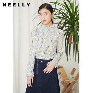 上衣 NEELLY纳俪春季 新款 立领碎花减龄衬衫 女甜美荷叶边单排扣时尚