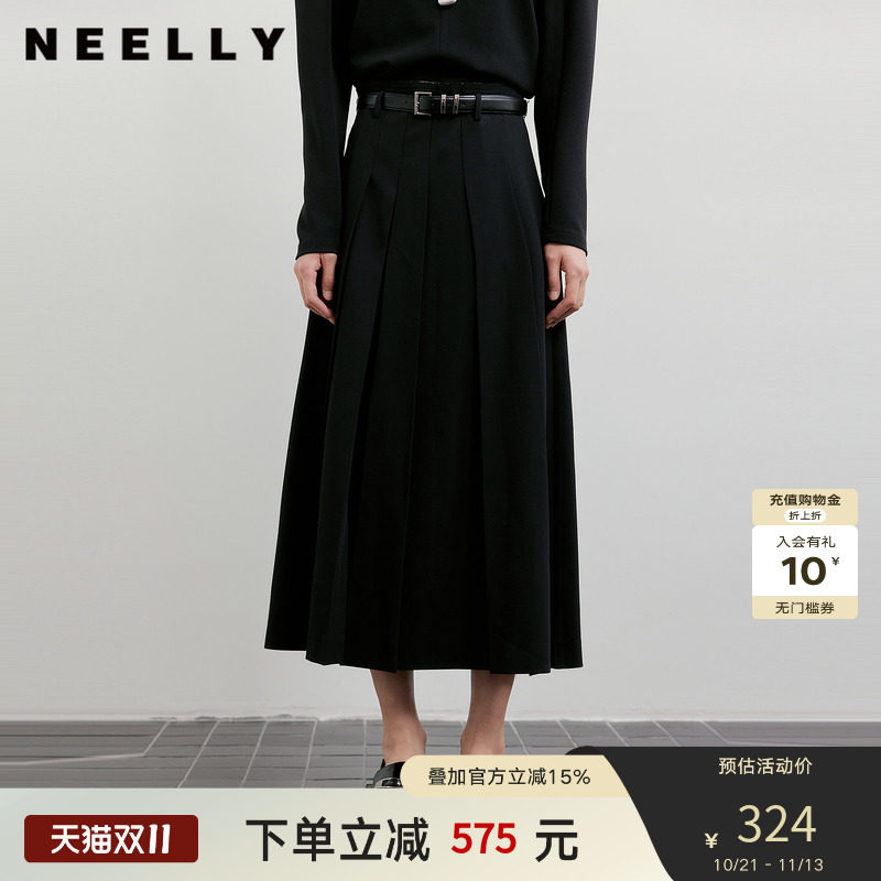 NEELLY纳俪商场同款秋新款时尚优雅百褶半身裙女收腰显瘦A字长裙