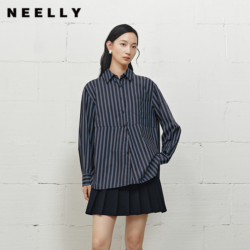 NEELLY纳俪商场同款冬季新款简约廓形条纹衬衫女复古百搭外套