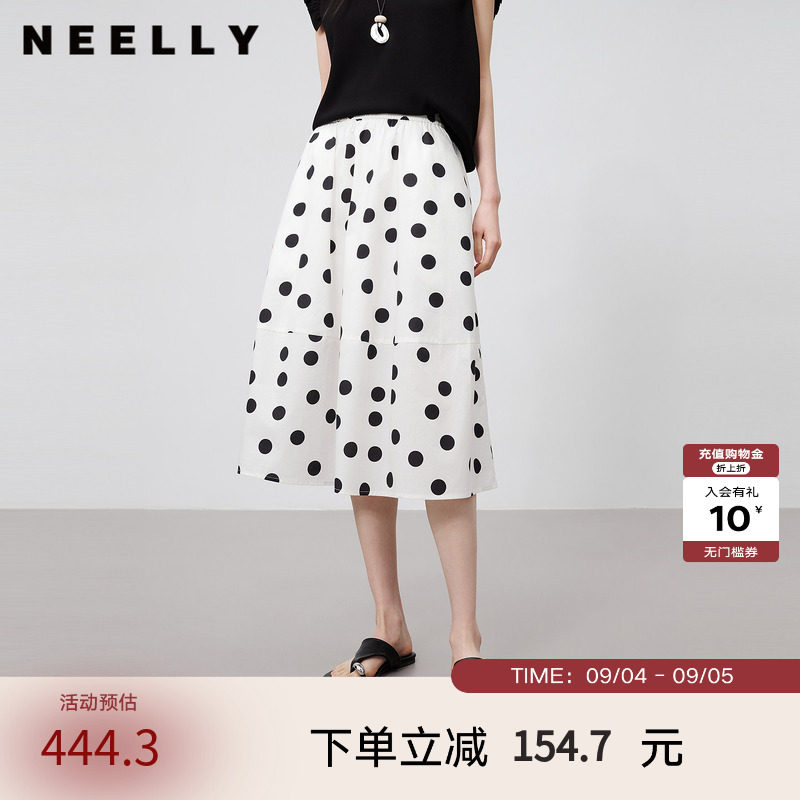 NEELLY纳俪商场同款夏季新款法式黑白波点半身裙女高腰休闲大摆裙