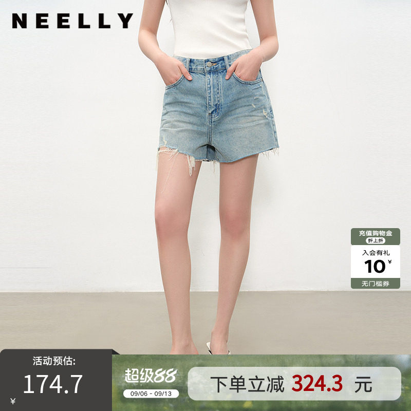 NEELLY纳俪商场同款夏新款个性水洗毛边牛仔短裤女百搭显瘦阔腿裤