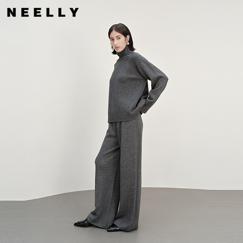 NEELLY纳俪商场同款冬新款休闲灰色针织套装女通勤毛衣长裤两件套