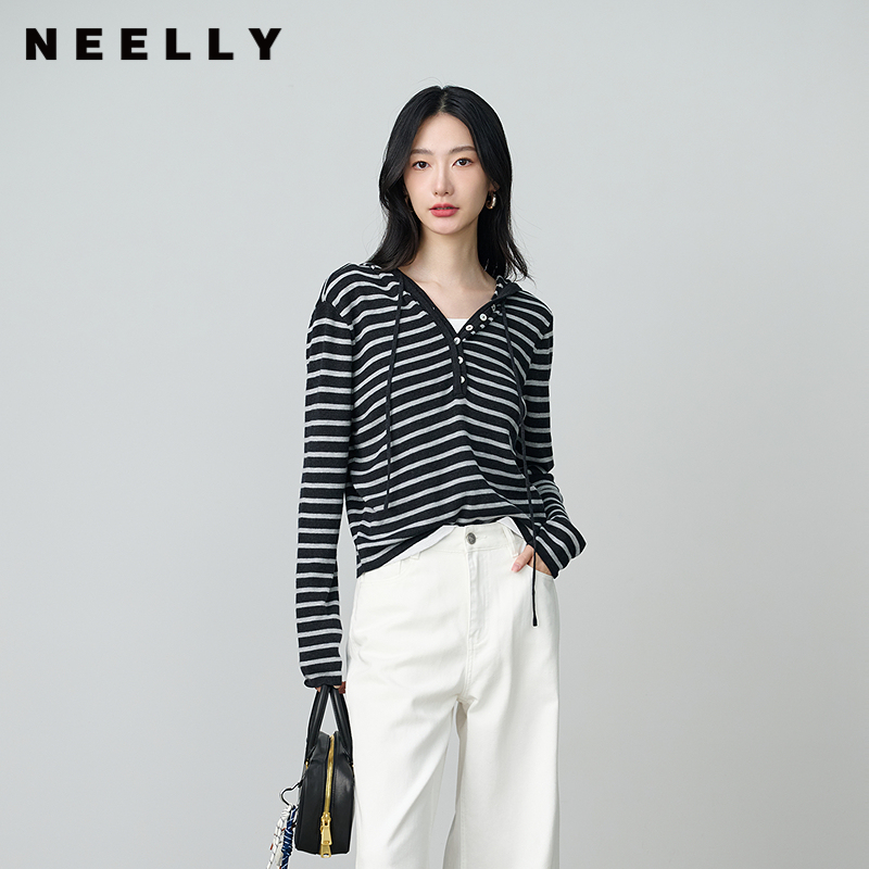 NEELLY纳俪商场同款秋冬新款经典简约连帽条纹针织衫女舒适上衣 - 封面