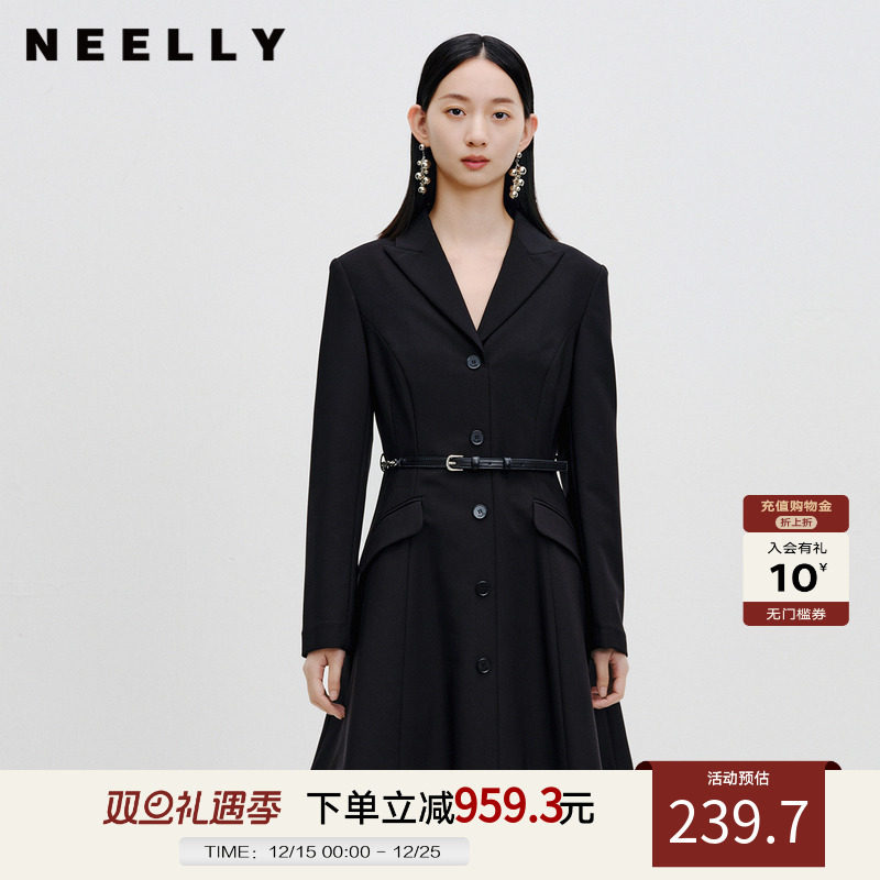 NEELLY纳俪商场同款西装连衣裙女秋新款收腰高级气质感职业小黑裙