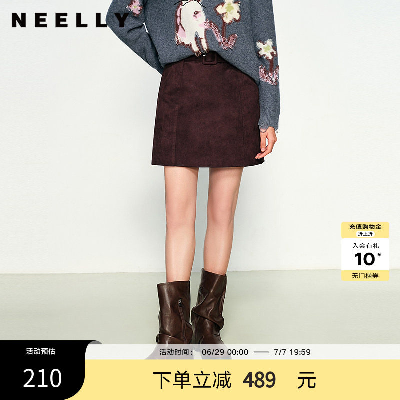 NEELLY纳俪商场同款春秋新款复古显白高腰短裙女简约显瘦A字裙