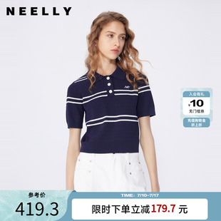 女短袖 NEELLY纳俪商场同款 显瘦针织衫 春新款 条纹上衣 Polo领个性
