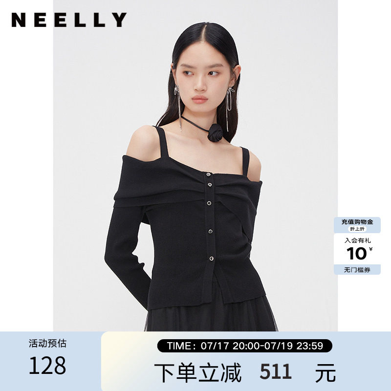 NEELLY纳俪商场同款春秋纯欲风一字领吊带上衣女黑色套头显瘦针织