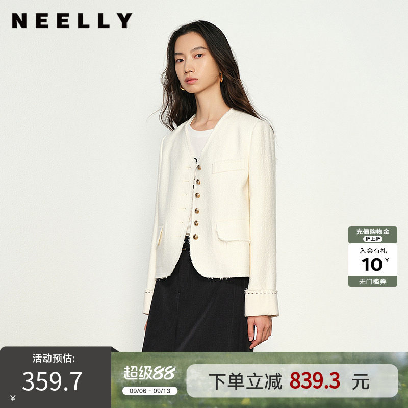 NEELLY纳俪商场同款春秋新款气质小香风短外套女百搭圆领上衣