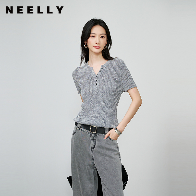 NEELLY纳俪商场同款秋冬新款简约气质针织短袖女修身显瘦短款上衣