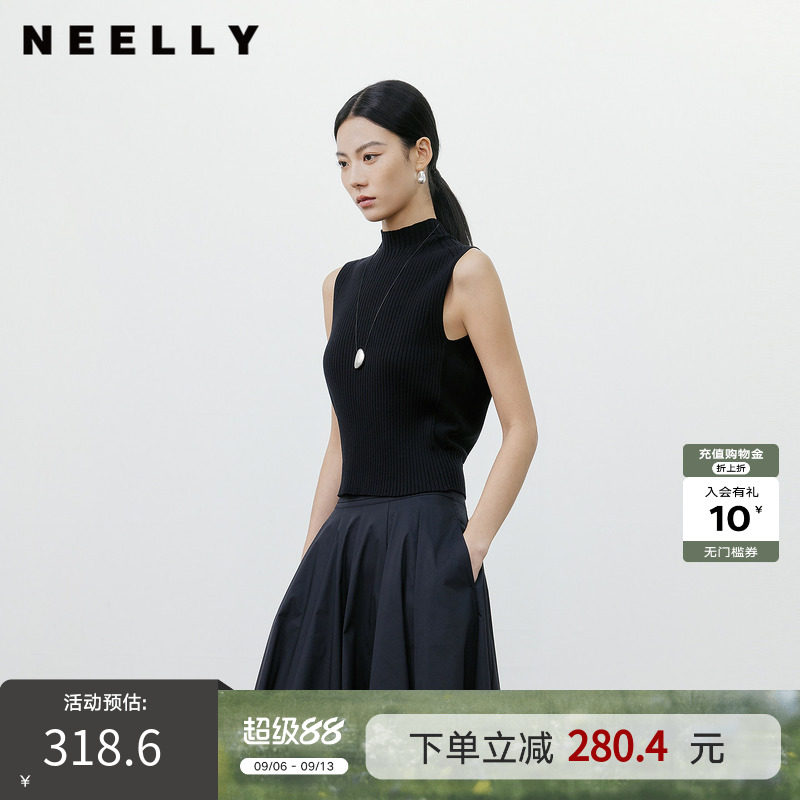NEELLY纳俪商场同款秋新款休闲黑色半高领坑条背心女修身针织上衣