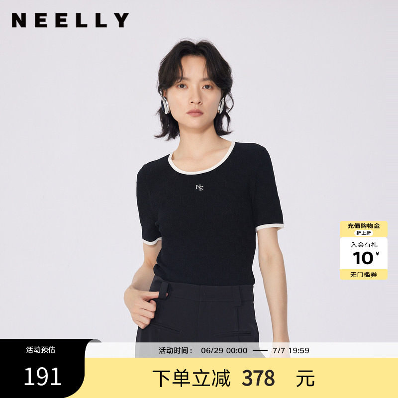 NEELLY纳俪商场同款春秋新款修身圆领短袖针织衫女简约百搭上衣