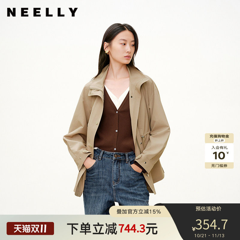 NEELLY纳俪商场同款春秋新款时尚立领工装休闲风衣女通勤简约外套