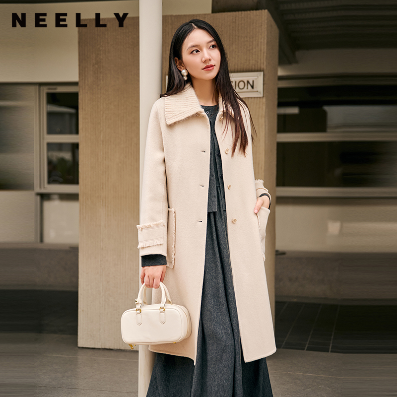 NEELLY纳俪商场同款冬季新款针织翻领拼接双面呢大衣廓形外套女