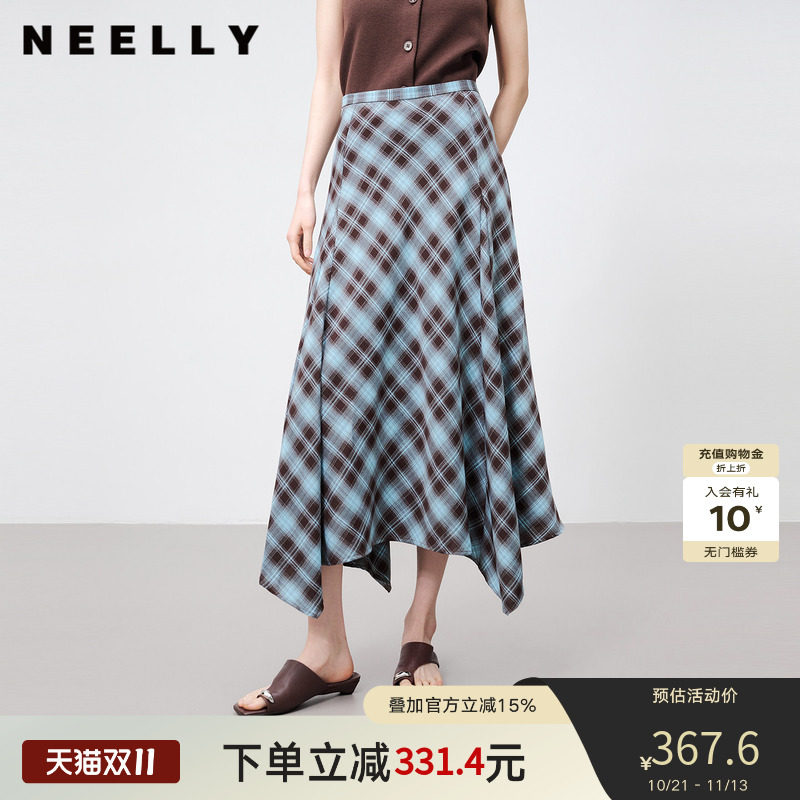 NEELLY纳俪商场同款夏新款蓝棕格纹半身裙女高腰显瘦不规则中长裙