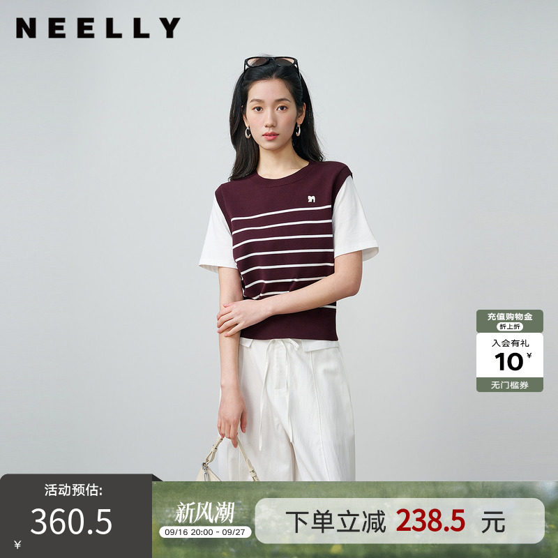 NEELLY纳俪商场同款秋新款休闲假两件针织短袖女简约撞色随性上衣