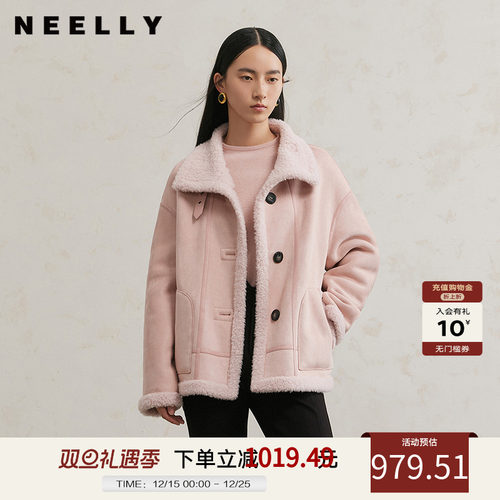 NEELLY纳俪商场同款冬季新款羊毛翻领外套女百搭直筒时尚保暖上衣