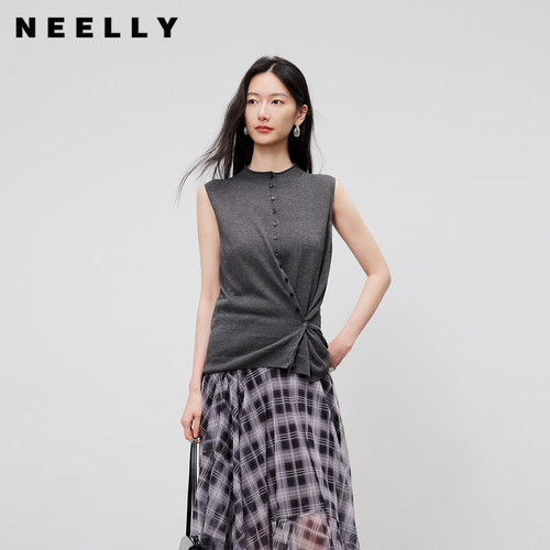 NEELLY纳俪商场同款夏季新款设计感扭结收腰上衣女显瘦无袖针织衫