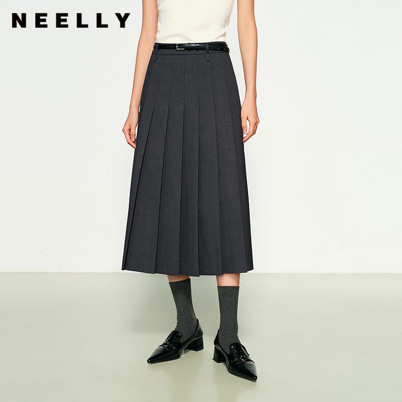 NEELLY纳俪商场同款秋新款经典时尚百褶裙女高腰垂感中长款半身裙