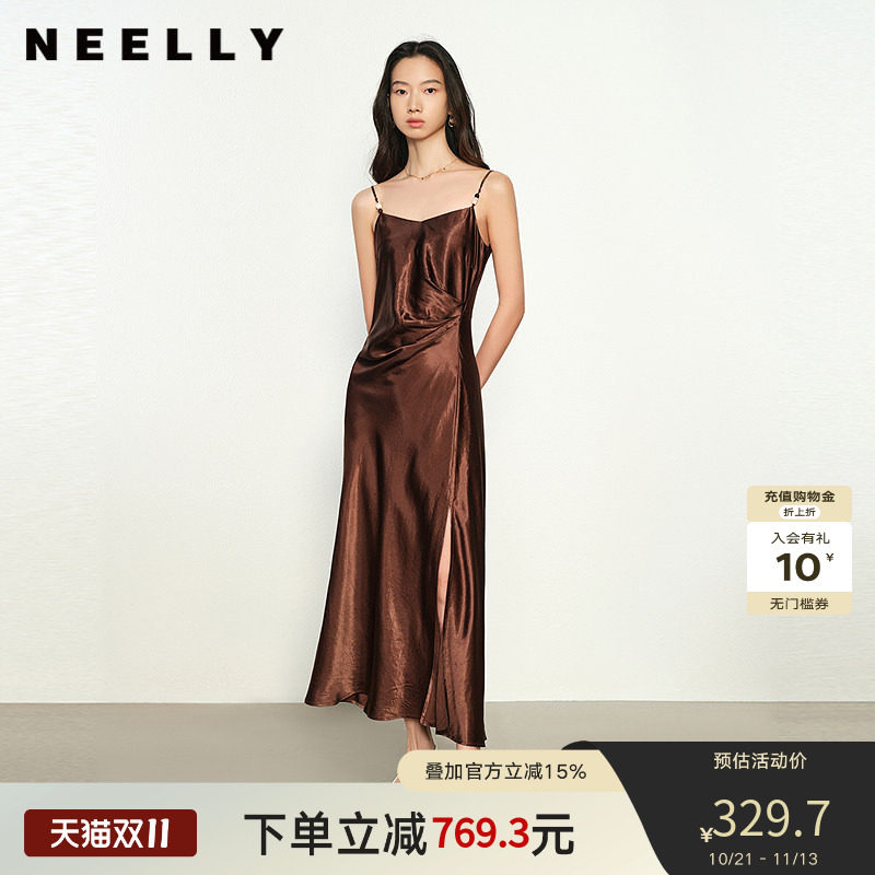 NEELLY纳俪商场同款春秋新款简约法式吊带连衣裙女气质收腰A字裙