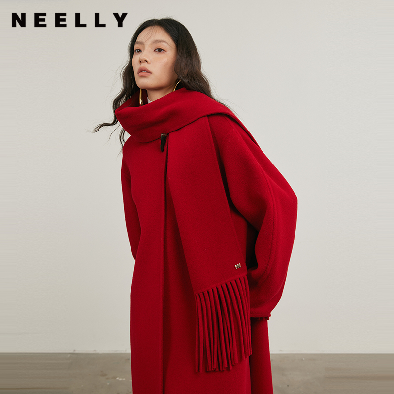 NEELLY纳俪商场同款冬季新款气质羊毛双面呢围巾大衣女宽松长外套