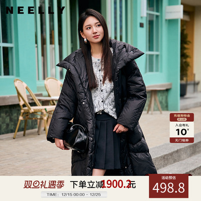 NEELLY纳俪商场同款冬季新款连帽立领中长款羽绒服女时尚简约通勤