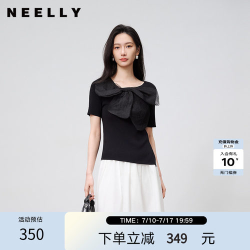 NEELLY纳俪商场同款夏新款法式气质蝴蝶结针织衫女修身显瘦短上衣
