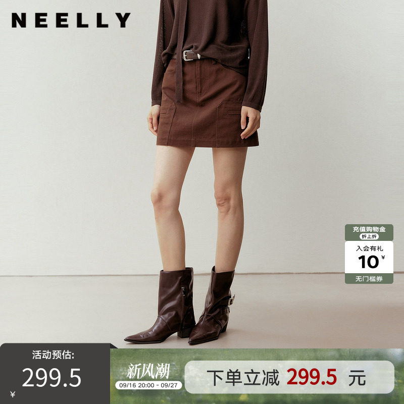 NEELLY纳俪商场同款春季新款复古工装风A字裙女挺括显瘦高腰短裙