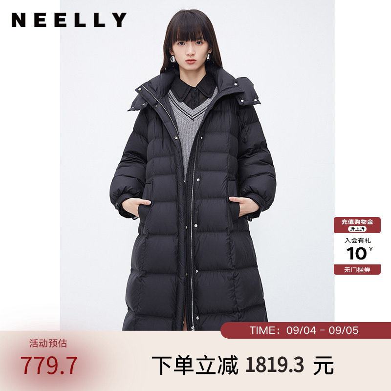 NEELLY纳俪商场同款韩版气质收腰羽绒服女中长款过膝保暖连帽大衣