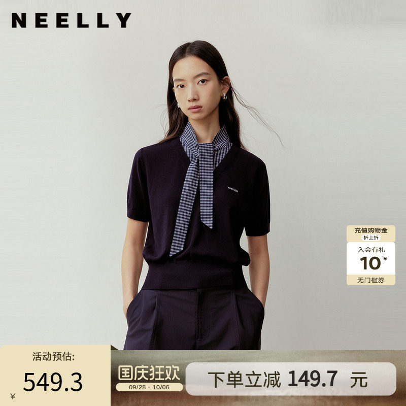 NEELLY纳俪商场同款秋季新款休闲通勤拼接短袖针织女复古宽松上衣