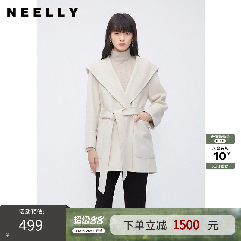 NEELLY纳俪商场同款中长款100%双面呢羊毛大衣时尚系带一手长外套