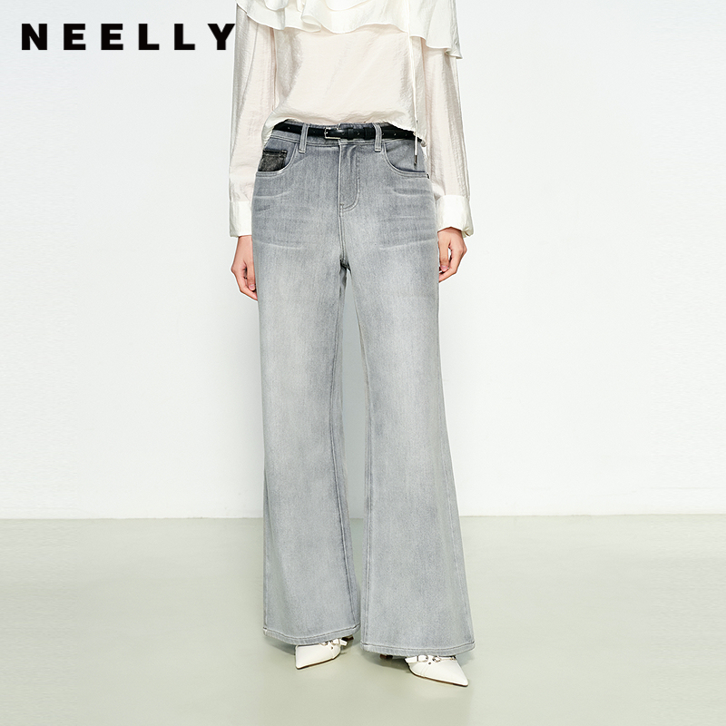 NEELLY纳俪商场同款秋冬新款时尚高级灰调牛仔裤女直筒阔腿长裤