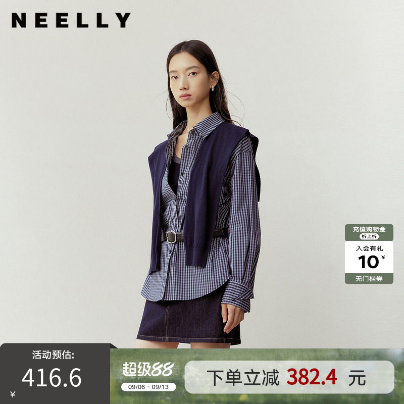 NEELLY纳俪商场同款春季新款时尚休闲格纹披肩衬衫女通勤复古外套