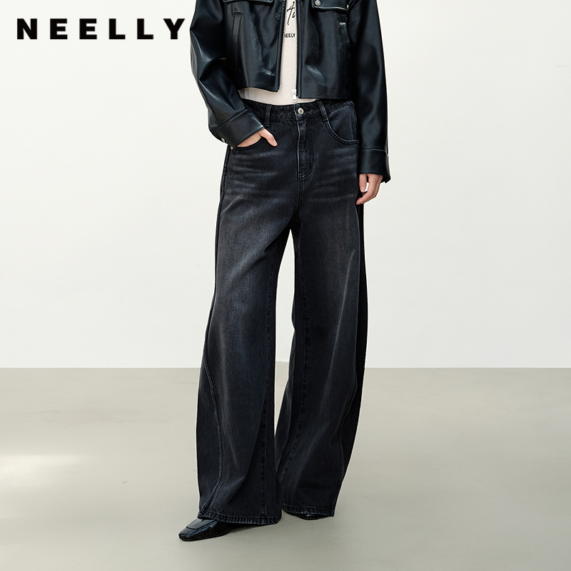 NEELLY纳俪商场同款秋冬新款时尚简约牛仔长裤女复古百搭镰刀裤