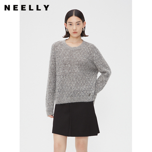 NEELLY纳俪商场同款 秋季 灰色软糯慵懒绵羊毛上衣女套头宽松针织衫