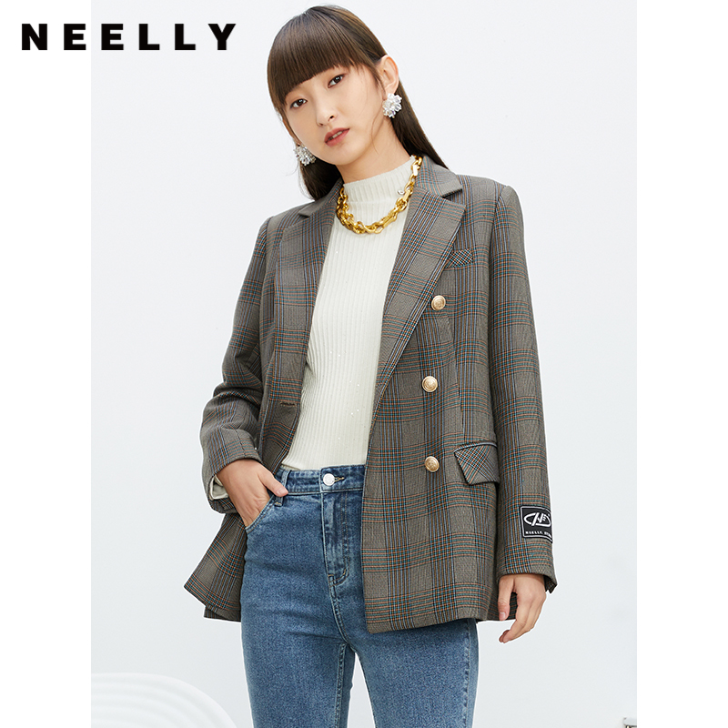 NEELLY纳俪商场同款休闲西装外套女双排扣格纹西服简约通勤外套春