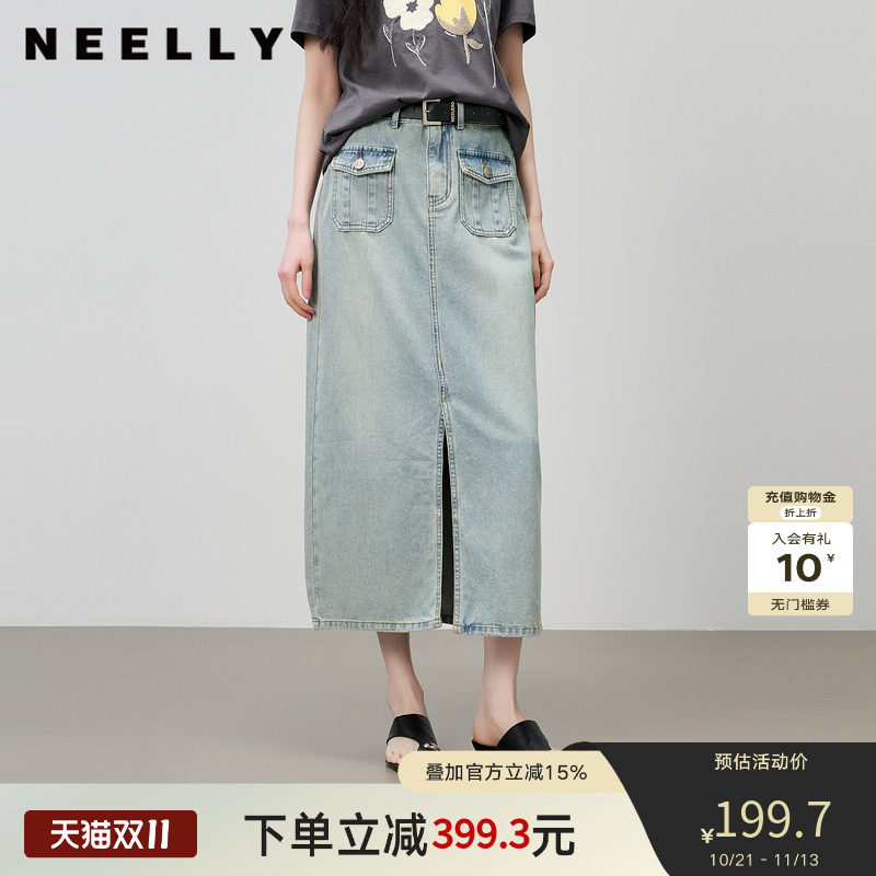 NEELLY纳俪商场同款夏季新款复古做旧牛仔半裙女休闲前开衩长裙