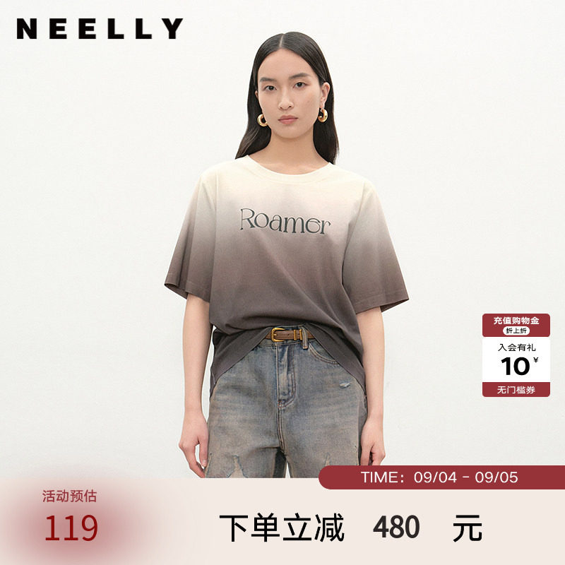 NEELLY纳俪商场同款夏季新款时尚渐变短袖字母T恤女圆领个性上衣