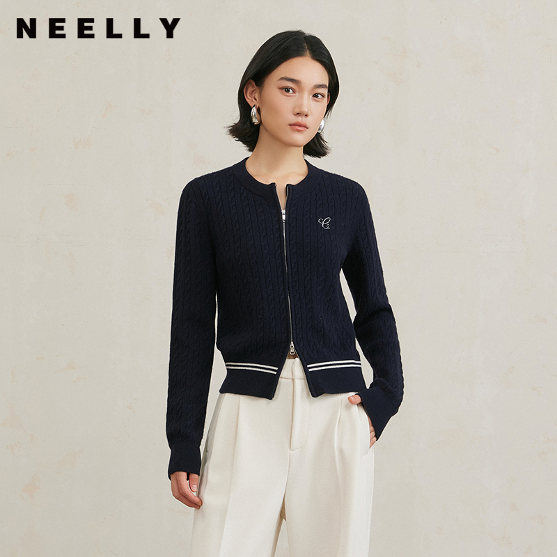 NEELLY纳俪商场同款冬季新款学院风肌理感针织衫女纯羊毛开衫毛衣